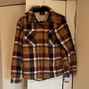 HFx Sherpa-Lined Plaid Shacket - Brown, Burgundy & Cream